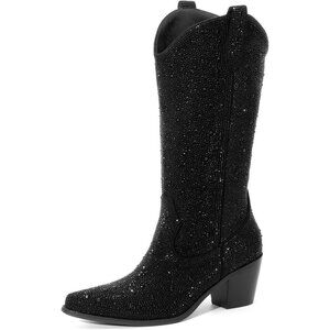 🆕Women’s Black-a Rhinestone Mid Calf Pointed Toe Pull-On Block Heel Boots